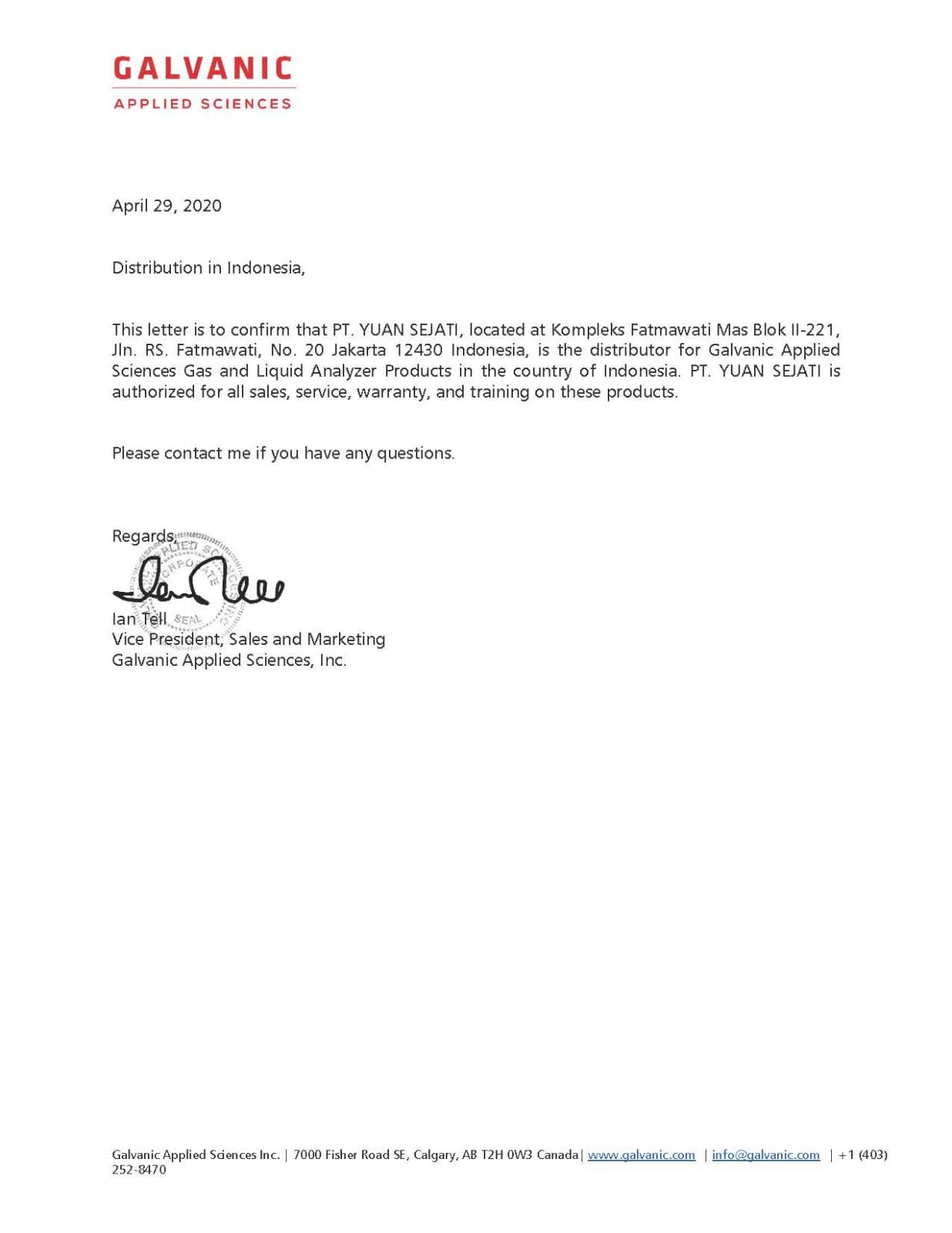 Distributor Authorization – Galvanic Applied Sciences